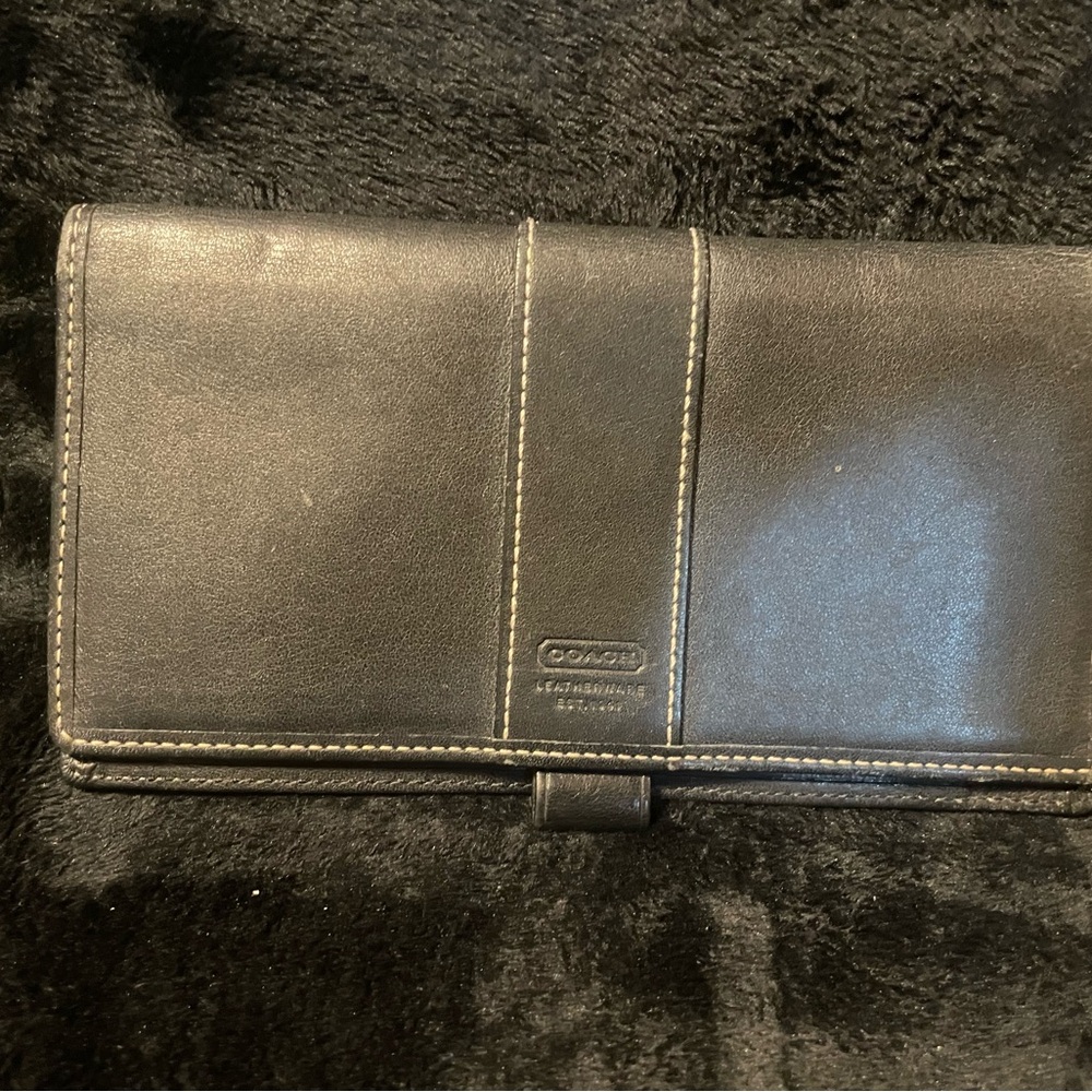 Coach Black Leather Long Wallet / checkbook cover with Contrast Stitching